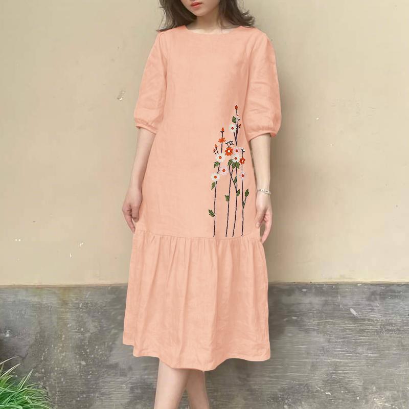 

ZANZEA Женское повседневное платье с круглым вырезом, рукавом до локтя, свободного кроя, с вышивкой 2XL светло-розовый