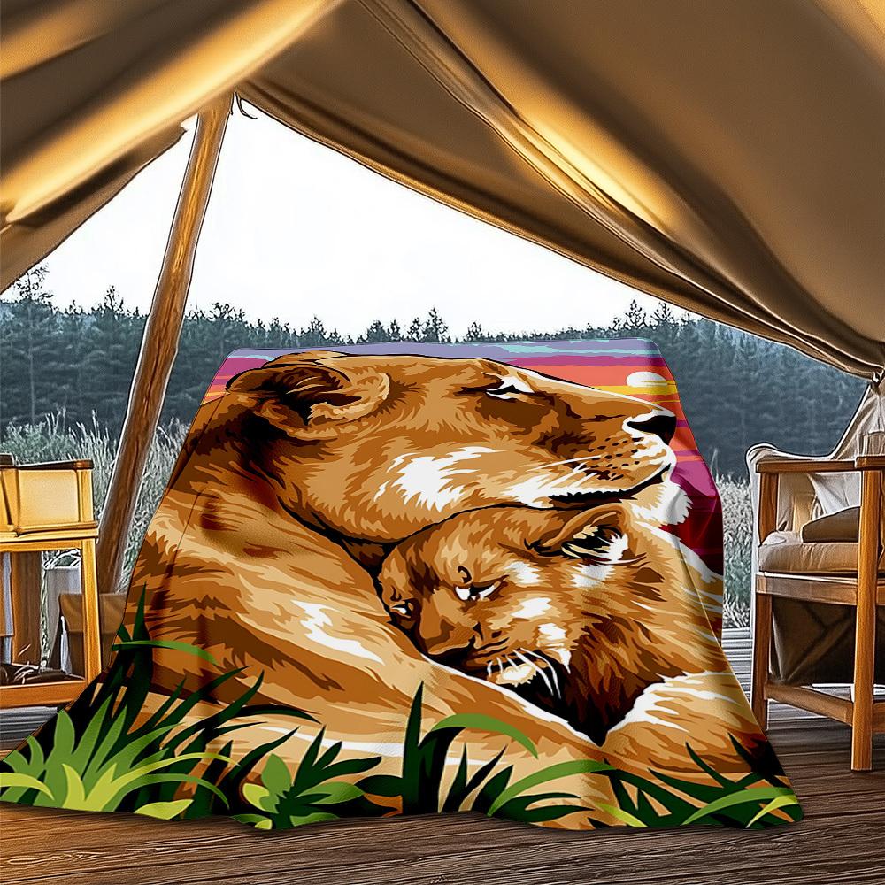 

1pc Lioness Sunset Throw Blanket Polyester Fiber, Lightweight Flannel, Soft & Warm, All Season Use for Outdoor, Camping Digital Print 80x120cm
