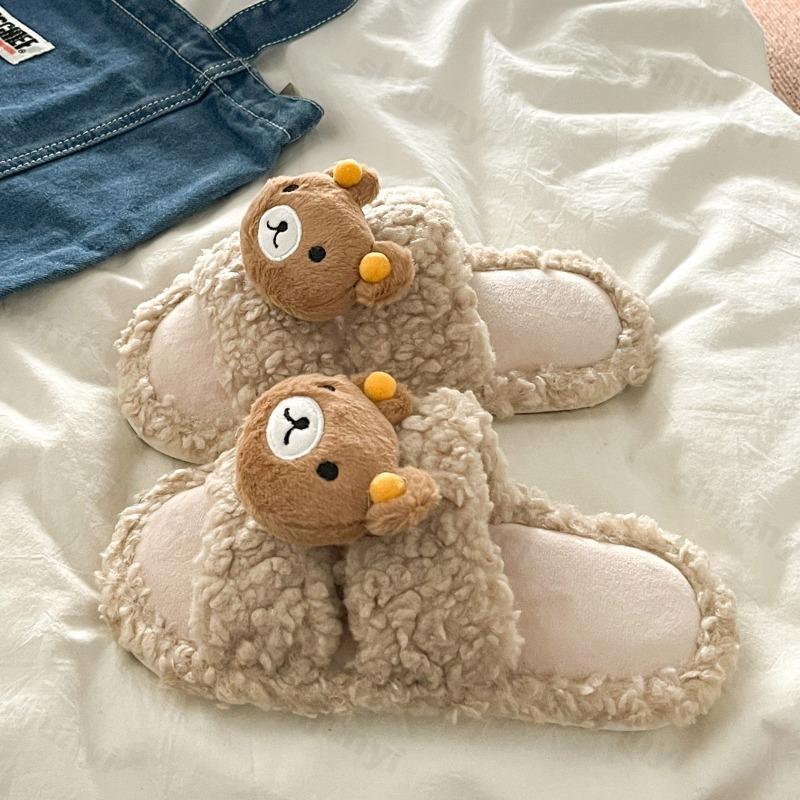 Plush Slippers Women 2025 New Autumn Winter Lightweight Non Slip Soft Sole One Word Slippers Cute Warm Comfortable Flats