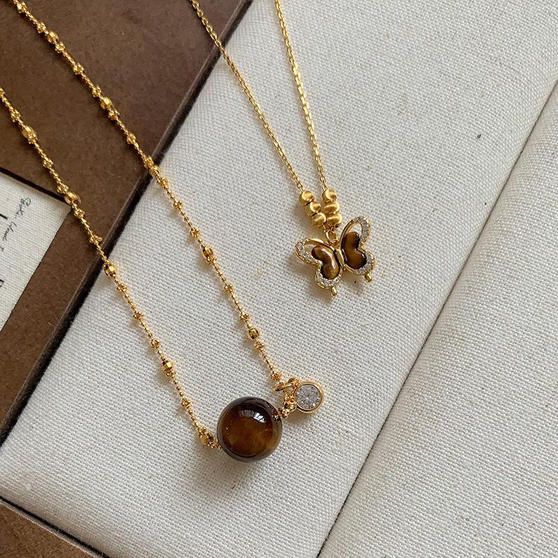 New In Round Beads Tiger Eye Stone Bubble Sparkling Diamonds Necklace Retro Sweater Chain Collar Chain Trendy Party Jewelry Gift