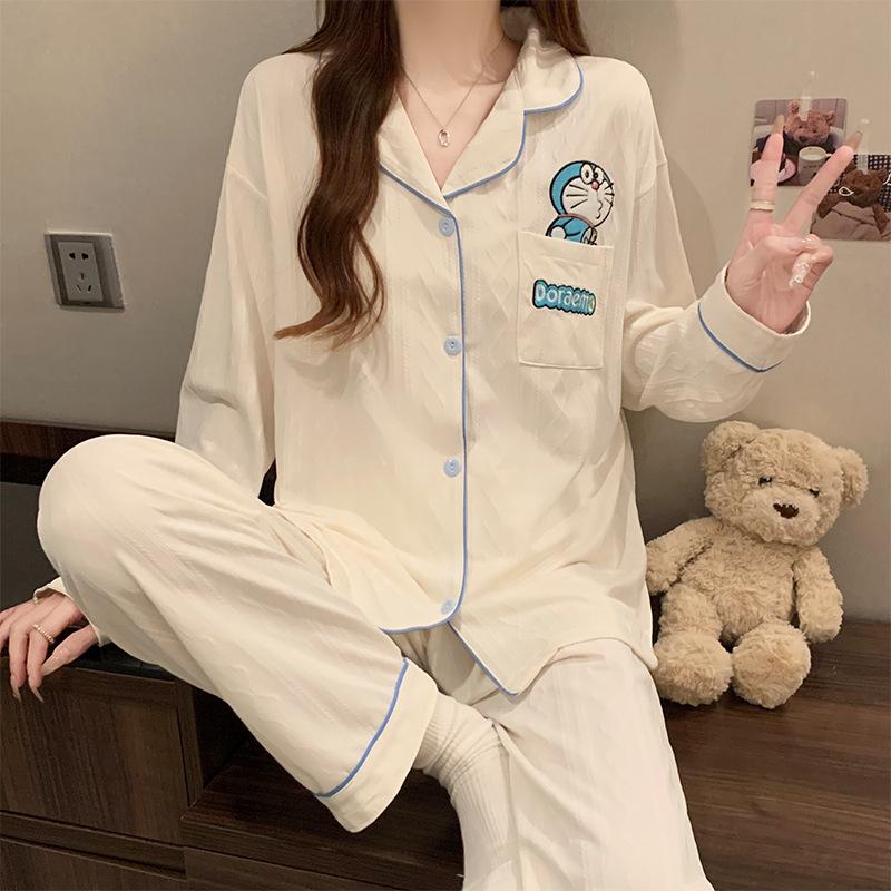 

Весенняя Новинка Французская Высококачественная Жаккардовая Имитация Хлопка Пижама Женская Дораэмон Домашняя Одежда Комплект Брюки с Длинным Рукавом 2XL