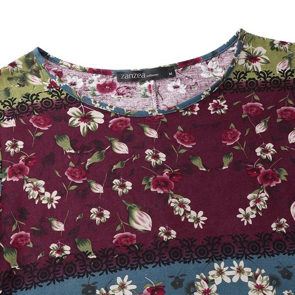 Vintage Women O Neck Short Sleeve Patchwork Cotton Dress Summer Floral Dress