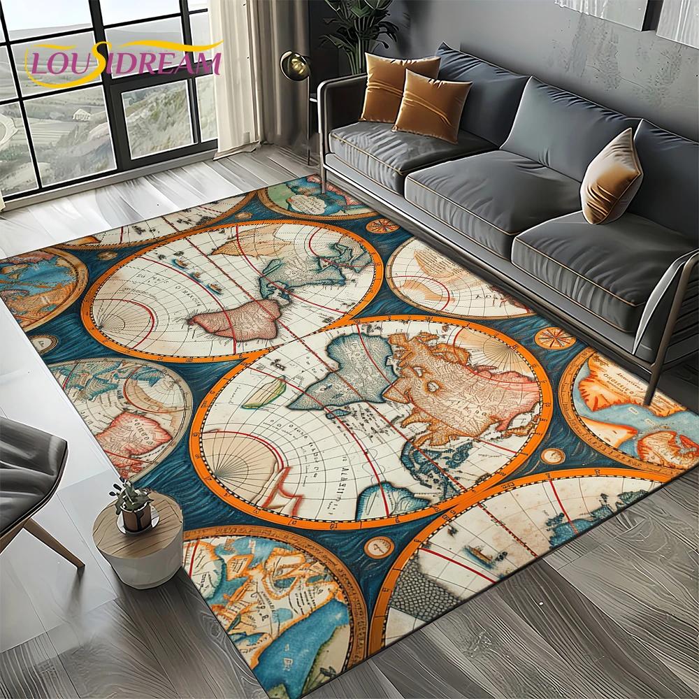 2025 Retro Ancient Nautical Chart Kraft World Map Compass Carpet Rug for Living Room Bedroom Sofa Decoration,Non-slip Floor Mat