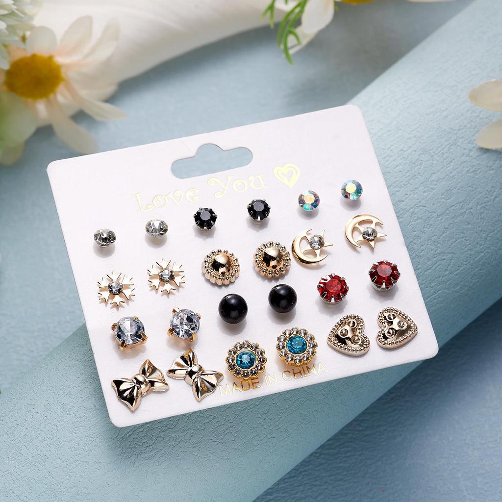 12-Pair Rhinestone Stud Earrings Set: Flower, Heart, Star & Moon Designs