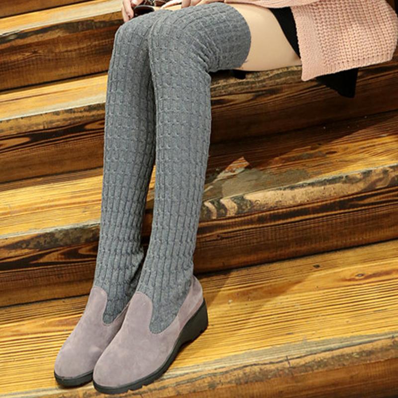 Mode Dames Flats Hoge Laarzen Casual Over de Knie Gebreide Schoenen Vrouw 2025 Trend Mode Winter Designer Knusse Soklaarzen Mujer Botas