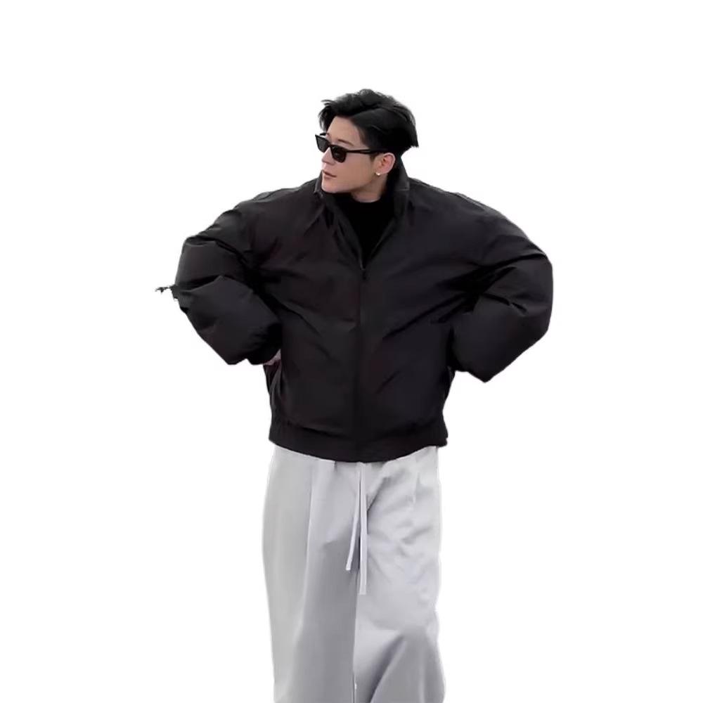 Męska czarna kurtka bomber: Płaszcz puchowy, luźny krój, fajna kurtka baseballowa w amerykańskim stylu