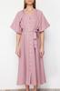 Women's Fashion Linen Look Woven Shirt Dress with Stone Belt and Half Balloon Sleeves