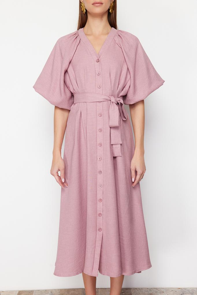 Women's Fashion Linen Look Woven Shirt Dress with Stone Belt and Half Balloon Sleeves
