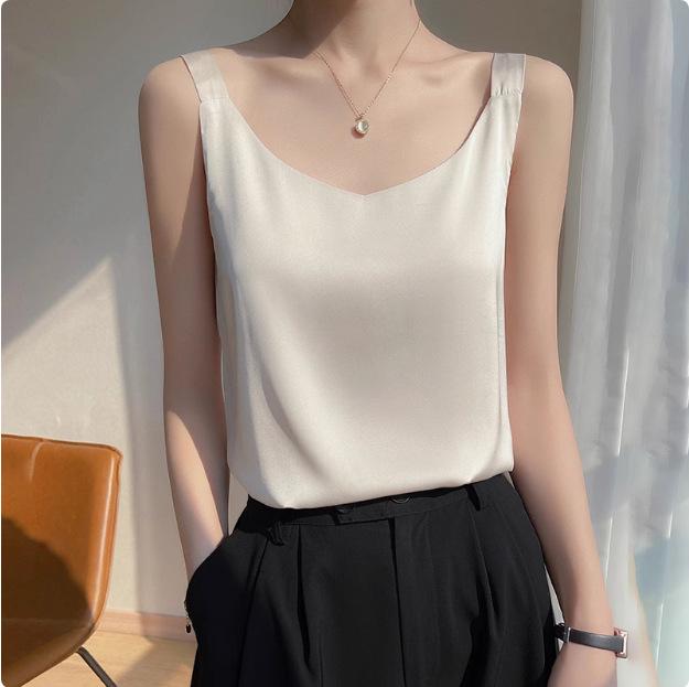 2025 Women's White Satin Camisole Tank Top: Elegant Back Design, Imitation Silk Summer Innerwear