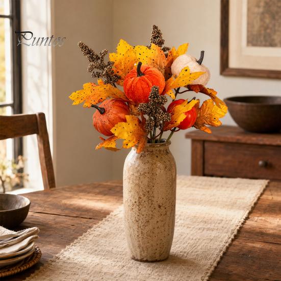 Bouquet Autunnale Artificiale con Zucche in Tessuto Foglie d'Acero Bacche di Grano, Fiori Finti e Decorazioni Autunnali per Centrotavola del Ringraziamento, Stagionale