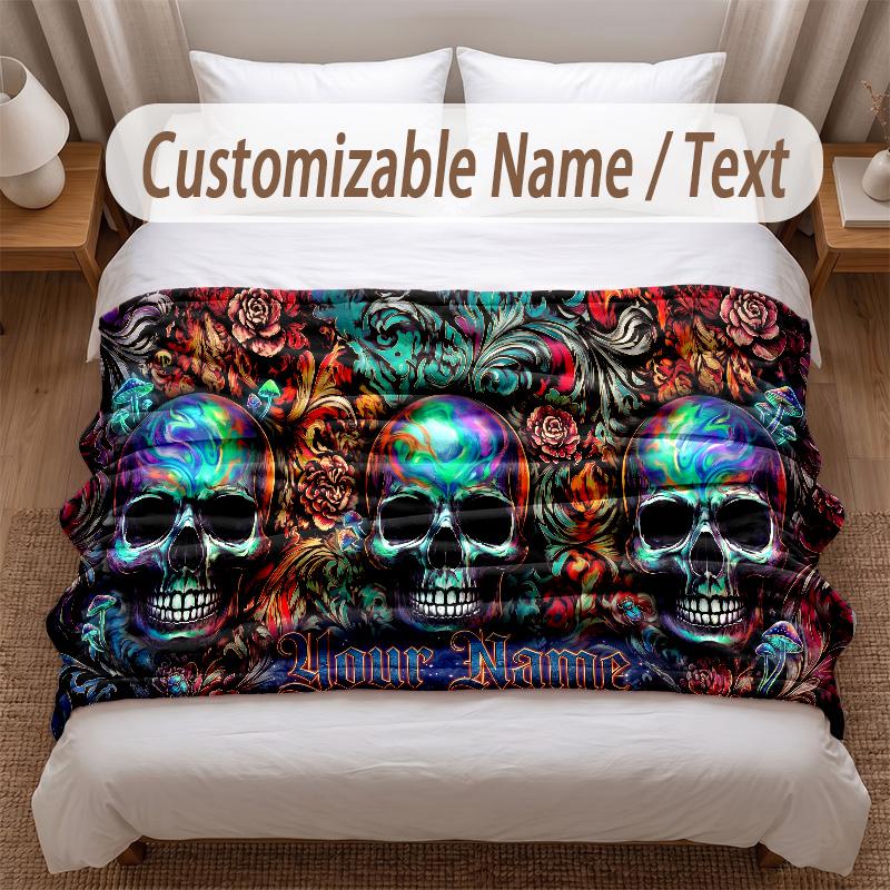 Skull Gothic Theme Soft Blanket Personalized Custom Name Text Print Warm Blanket Home Sofa Bedroom Decor