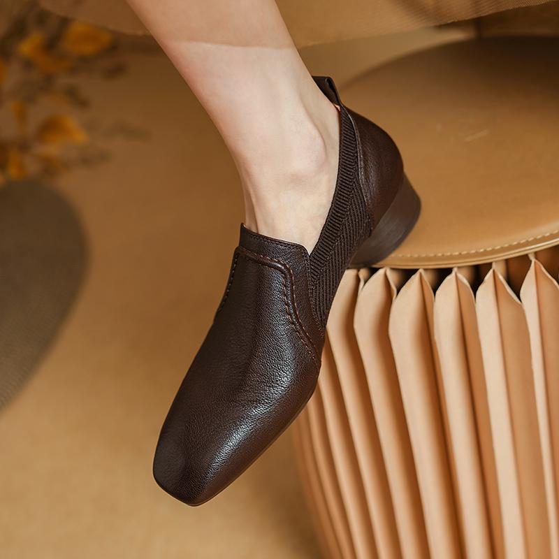 Fashion 2025 Autumn New Genuine Leather Soft Work Shoes Women High Heel Stretch Square Toe Slip on Brown Khaki British Style Heels Women