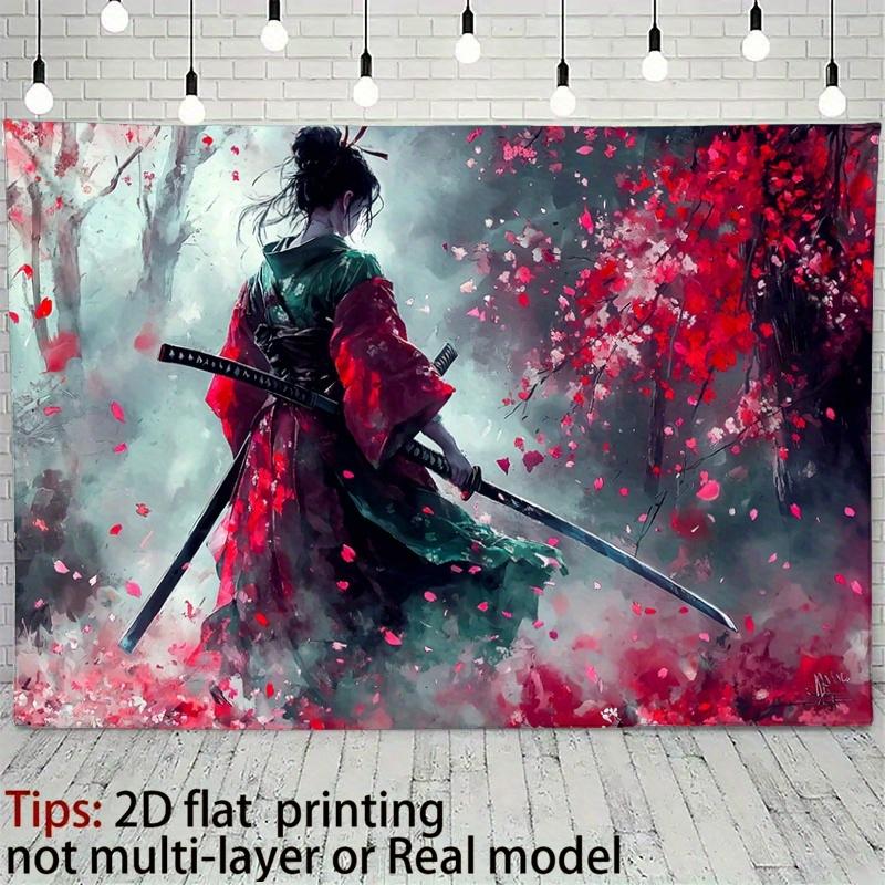 1pc, 2D flat, retro-style background banner depicting a female warrior, showcasing Japanese dreamlike landscape aesthetics, wsj