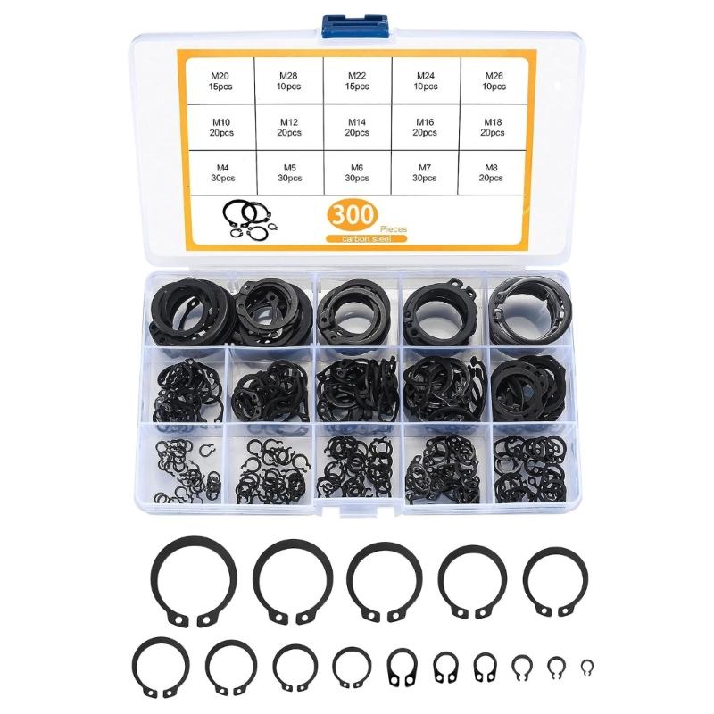 300pcs Clip Set 4mm to 28 Size Precisions Rings Assortment Comprehensive Clip Selection for Mechanics & Enthusiasts
