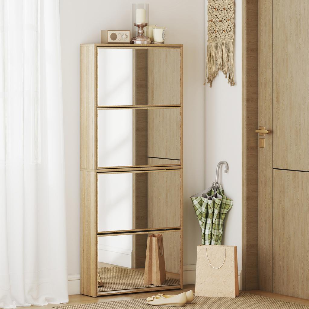Schmaler Schuhschrank mit Spiegel und 4 Klapptüren für 12 Paar Schuhe 63x17x146 cm Natur