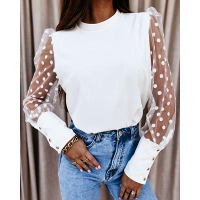Spring 2024 Lace Sleeve Semi-High Neck Chiffon Blouse