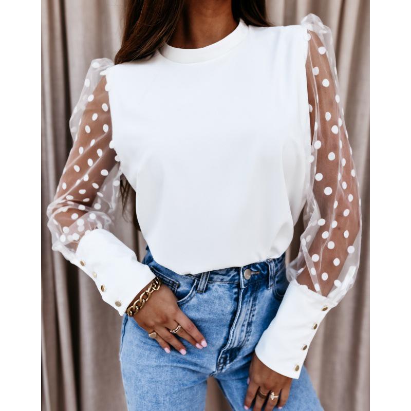 

Spring 2024 Lace Sleeve Semi-High Neck Chiffon Blouse Large белый