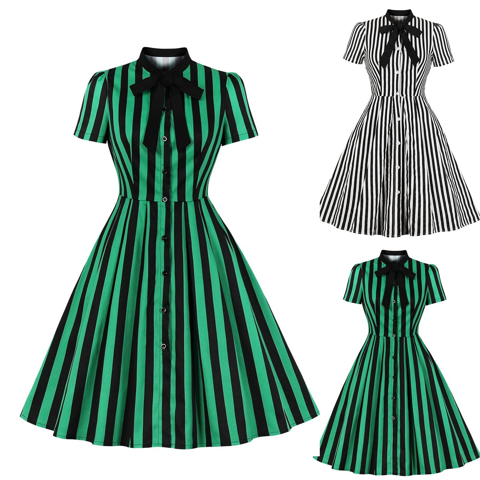 

Women s Short Sleeve Solid Color Vintage Lapel Dress With Large Swing Skirt XL зелений