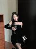 French Temperament Sexy Tube Top Black Dress Women's Spring Spice Slim Slim Slim Hip Short Skirt with Sleeves