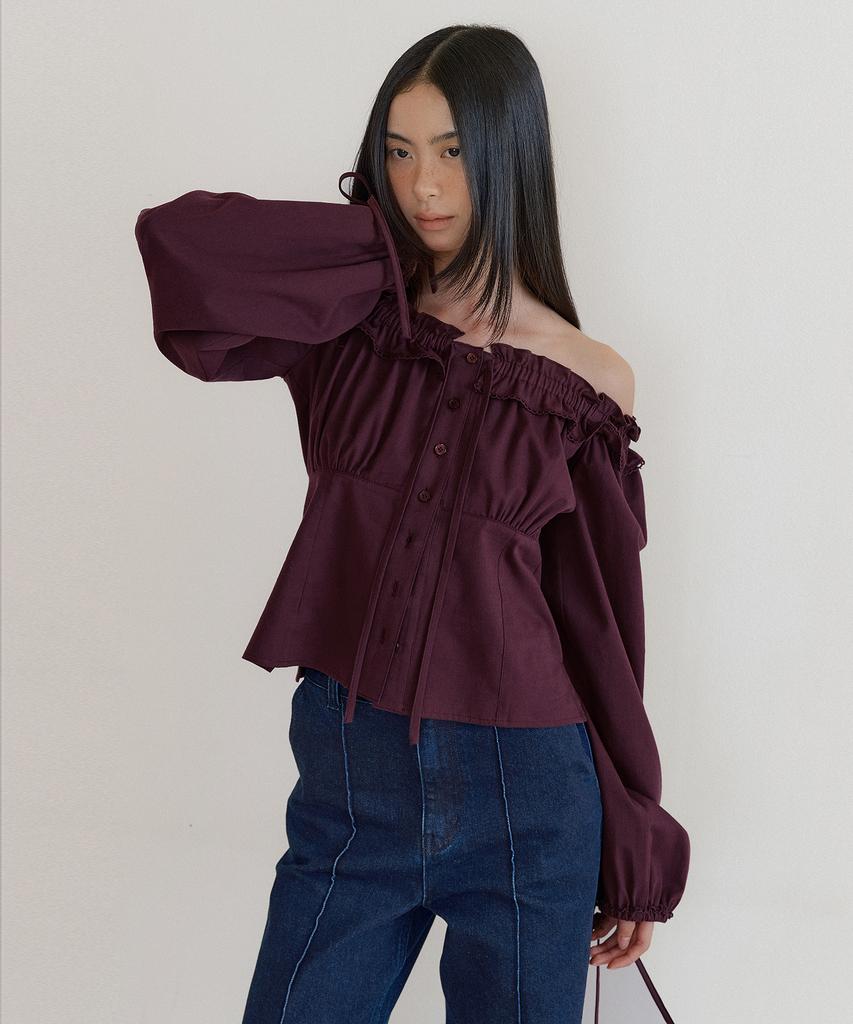 LUCIR ZU Benjamin Frill Lace Blouse (Burgundy)