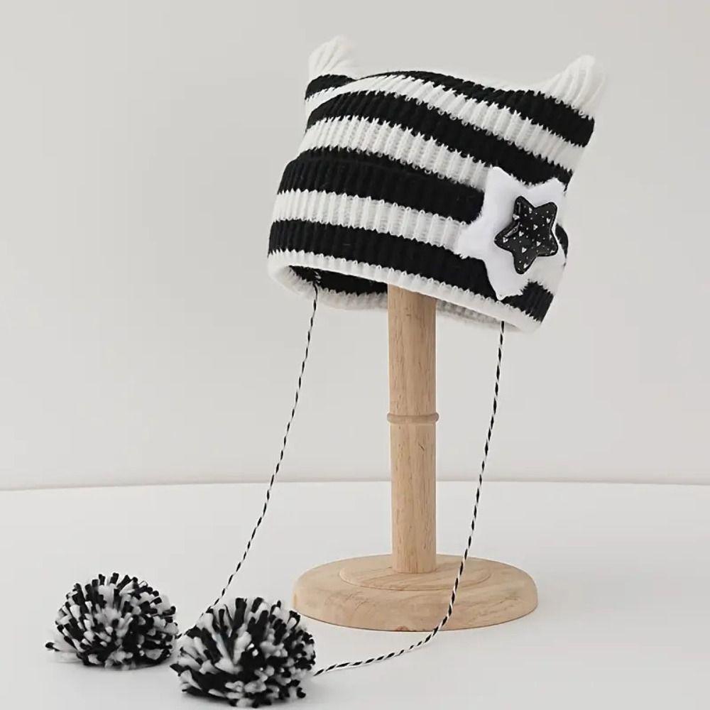 Star Cat's Ears Knitted Hat Y2K Woolen Hat Casual Slouchy Knitted Beanies  Outdoor