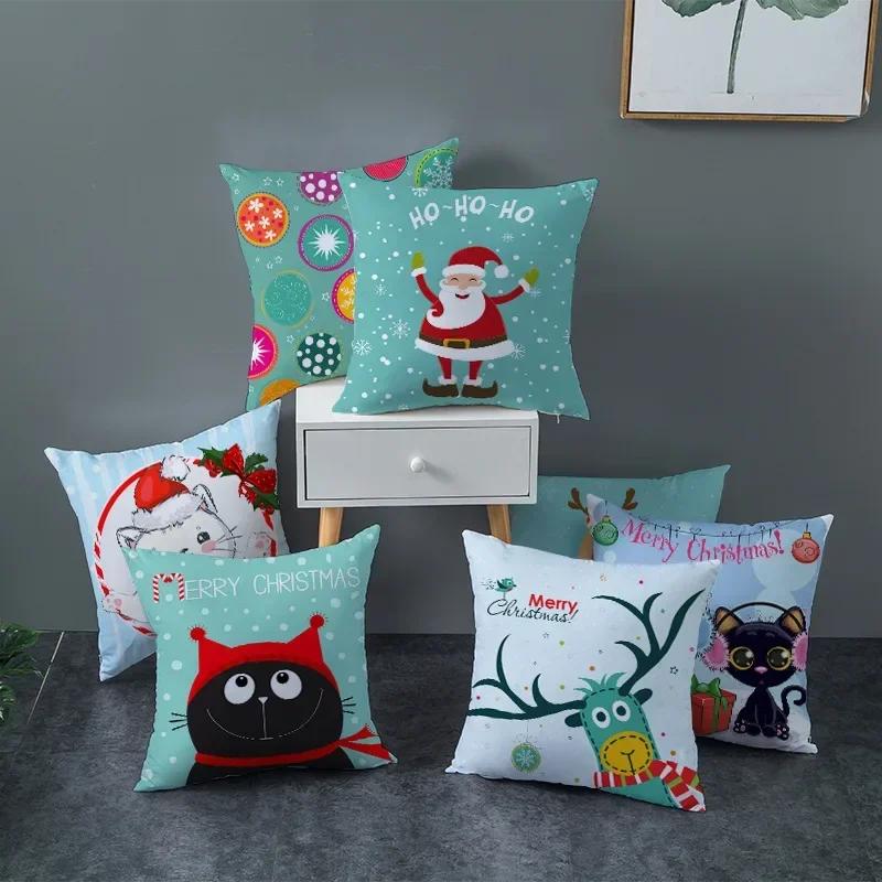 Polyester Fiber Green Series Christmas 2024 Pillow Cover Sofa Cushion Home Decorative Pillows Cover