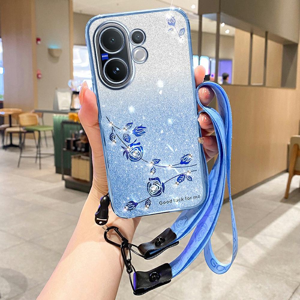 For Vivo V60 5G Case Flower Pattern TPU Gradient Phone Cover with Lanyards