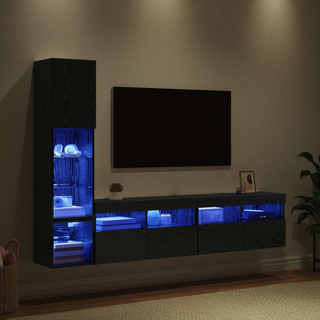 LED TV Wall Unit 4 Pcs Black Oak Effect Wood Based Material