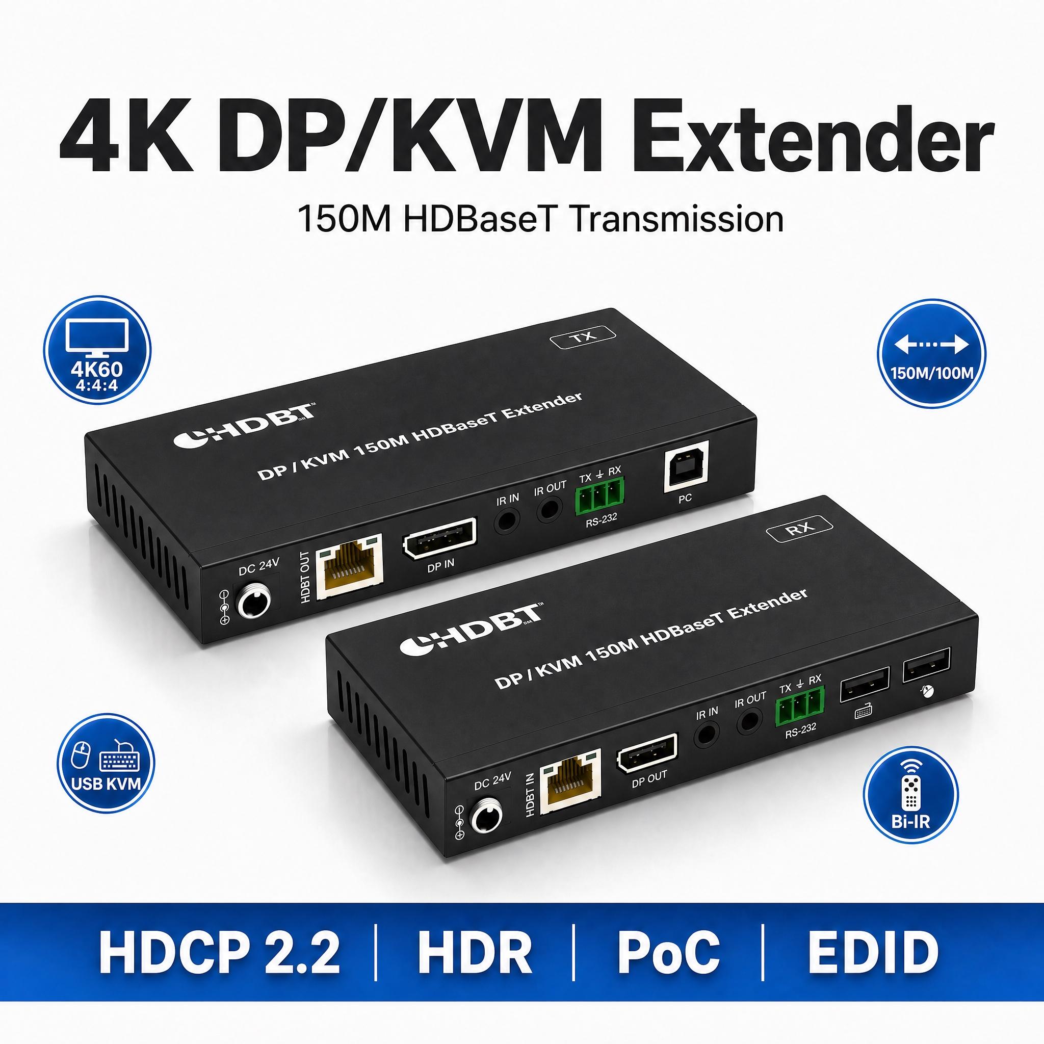 150M DP KVM HDBaseT Extender 4K@60Hz 4:4:4 DisplayPort Over Cat6 Cat6a Cable USB KVM Keyboard Mouse PoC HDR HDCP2.2 Video Audio Extender EU чёрный
