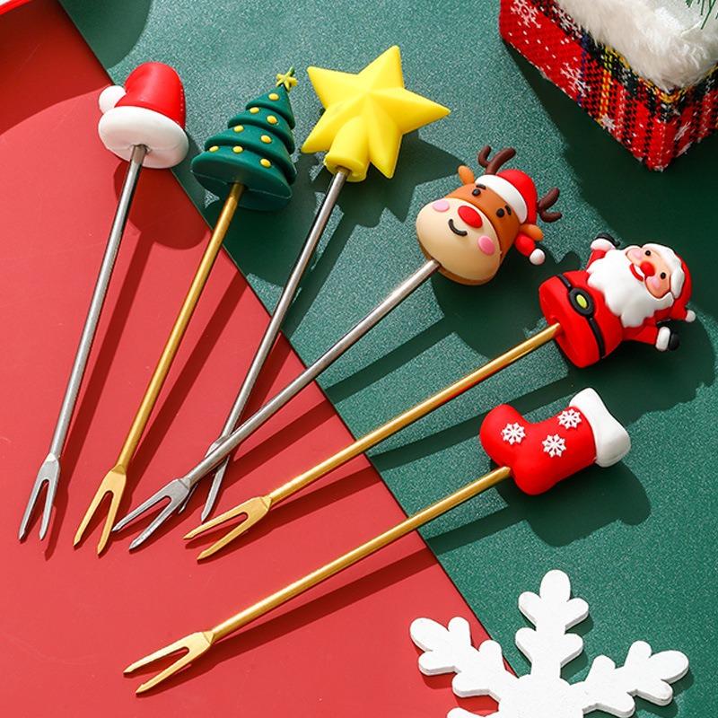 Creative Christmas Stainless Steel Fruit Forks - Cute Cartoon Fruit Series Forks for Home, Festive Ins Style, Convenient