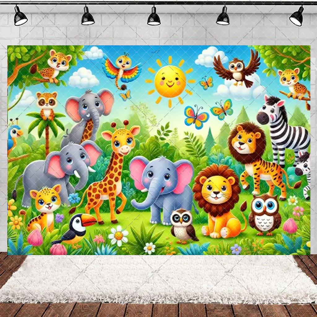 Jungle Wildlife Lion Giraffe Theme Banner Background, Children's Birthday Party, Home Decoration Photography Studio Background