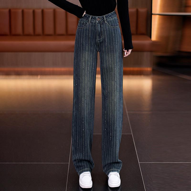 Women s Rhinestone Wide-Leg Jeans: Spring/Autumn 2026 Petite Slimming Vertical Stripe Straight-Leg Pants 31