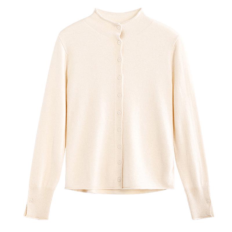 Women's Early Spring 2026 Wool Cardigan: Stand Collar, Long Sleeve, Slim Fit Knitwear