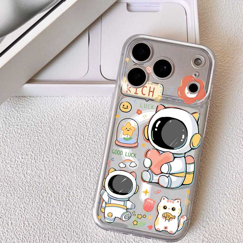 Cute Cartoon Astronaut Phone Case For iPhone 17 16 15 14 13 12 Pro Max Plus With Magnetic Crystal Clear Case Wireless Charge
