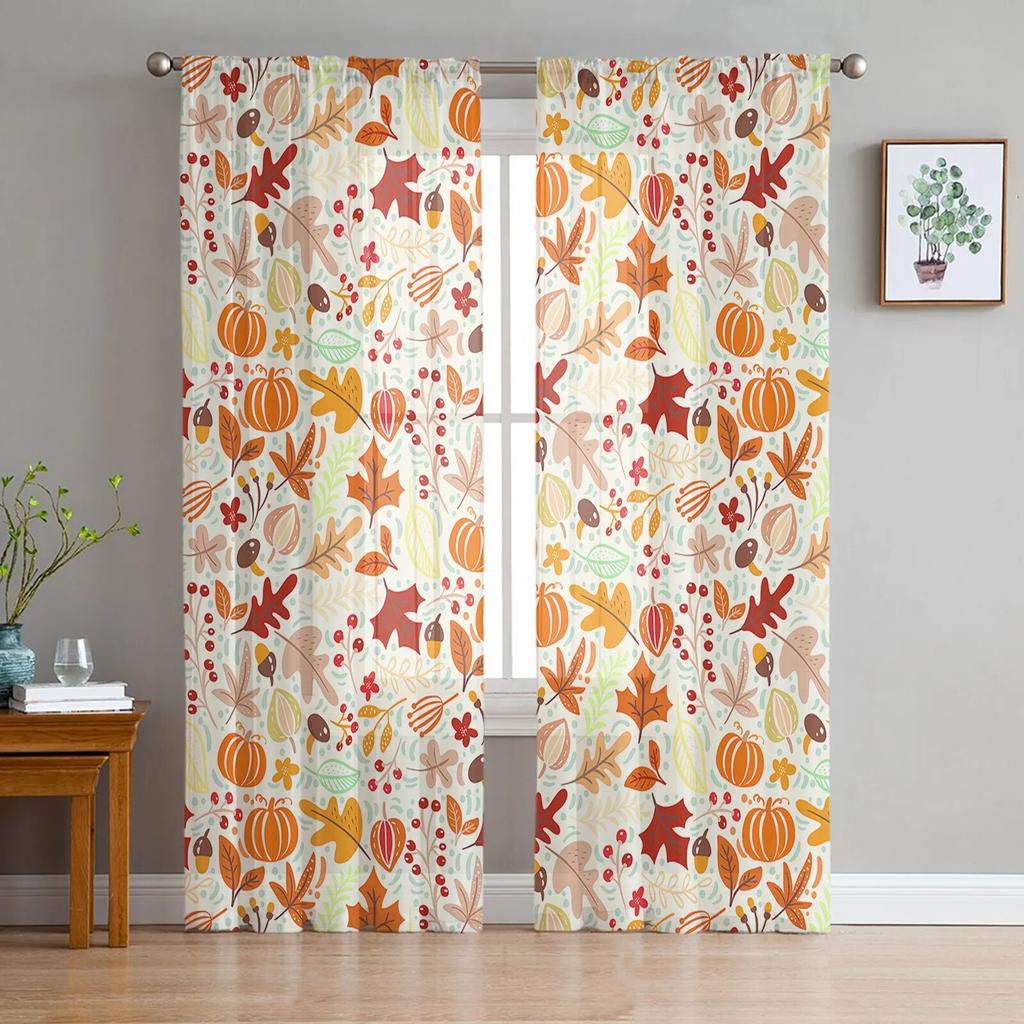 Thanksgiving Plants Farm Leaves Sheer Curtains Holiday Decoration Living Room Bedroom Window Voile Tulle Curtain