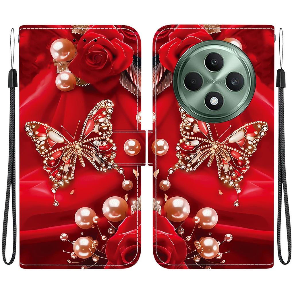 Ręcznie robione etui z klapką z PU skóry dla Oppo Reno12 F (5G/CPH2637) Antypoślizgowe Wstrząsoodporne Etui z Paskiem na Nadgarstek i Wzorami Kota/Róży/Serca