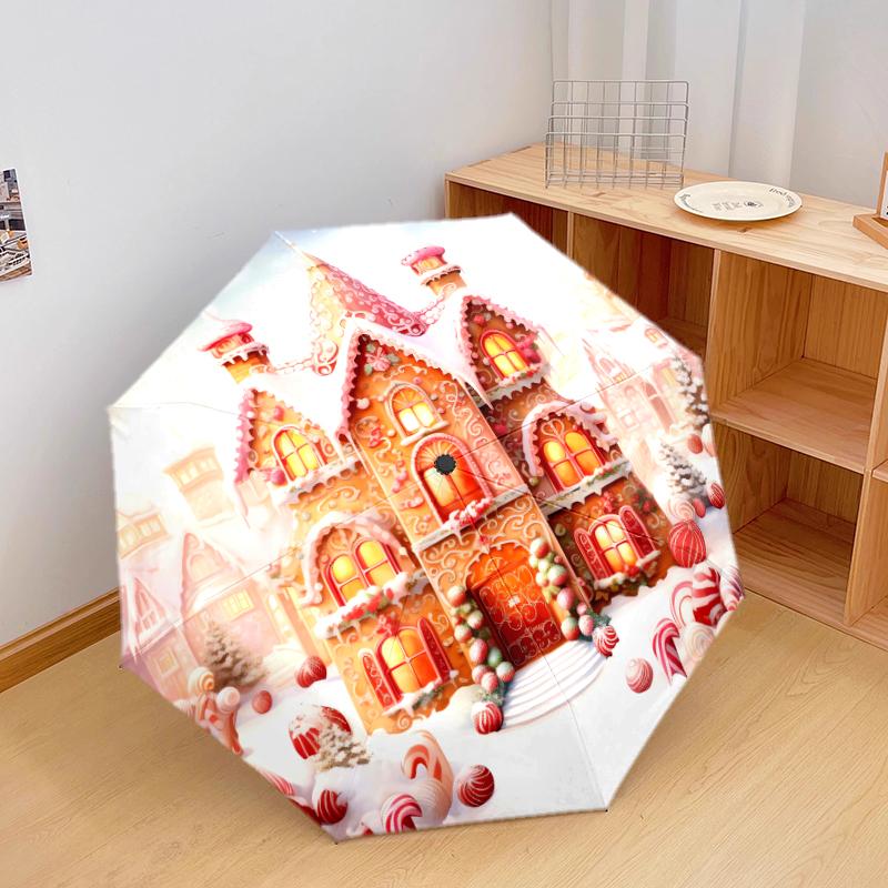 1 PC Automatic Folding Umbrella - Santa Claus, cat, gingerbread house Pattern, Portable & Foldable Design with 11 Ribs, Christmas Birthday Gifts
