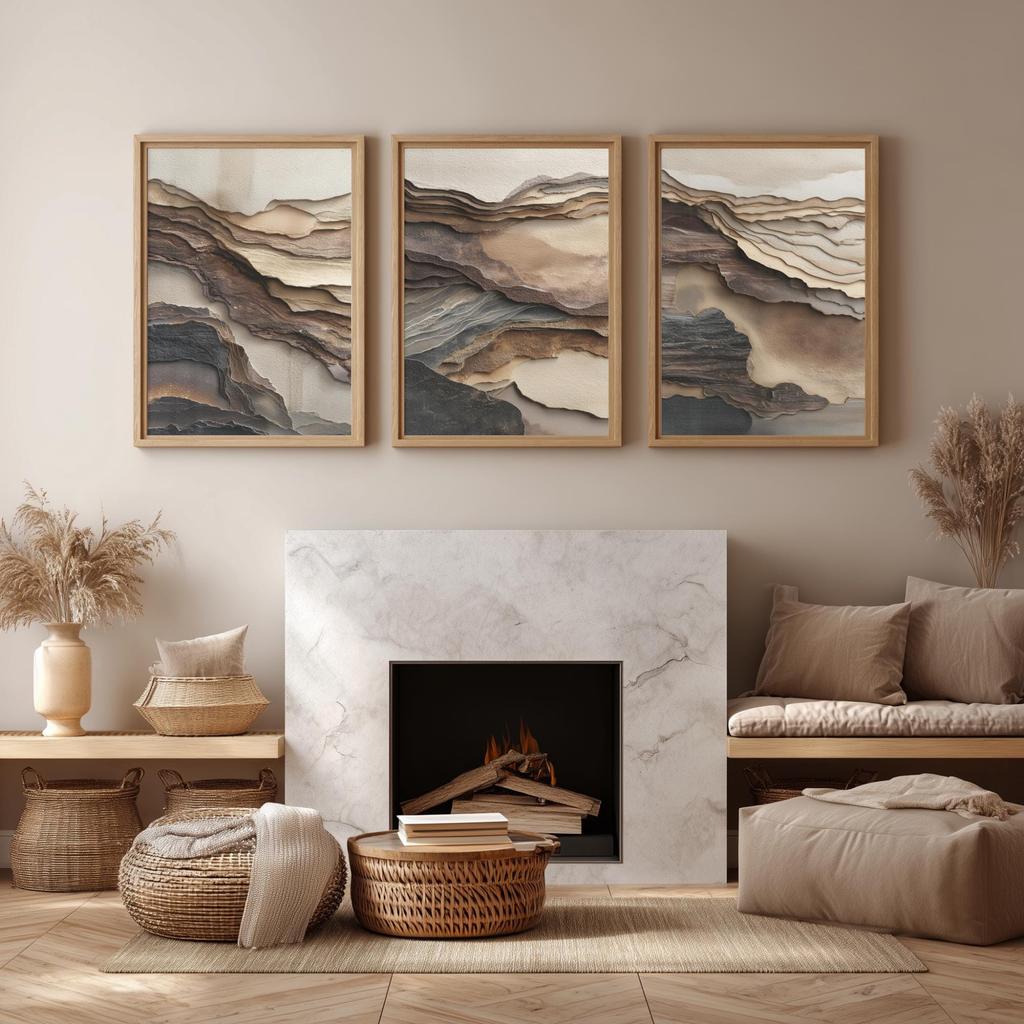 3Pcs Earth Tone Layered Mountain Wall Art, Japandi Wabi Sabi Textured Abstract Prints for Modern Living Room Home Interior Decor