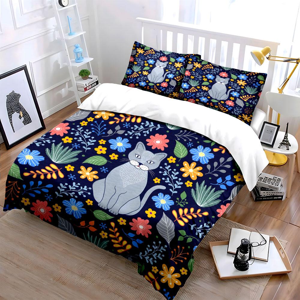 Floral Cat Design Three-Piece Set  Kid'S And Adults' Bedroom Decor, Exquisite Three-Piece Bedding Set Gift