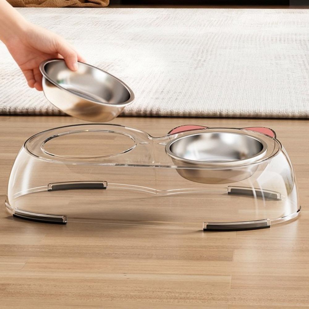Plastic Pet Double Bowls Stainless Steel Pet Water Feeder Cat Food Water Bowls  For Cats Dogs прозрачный