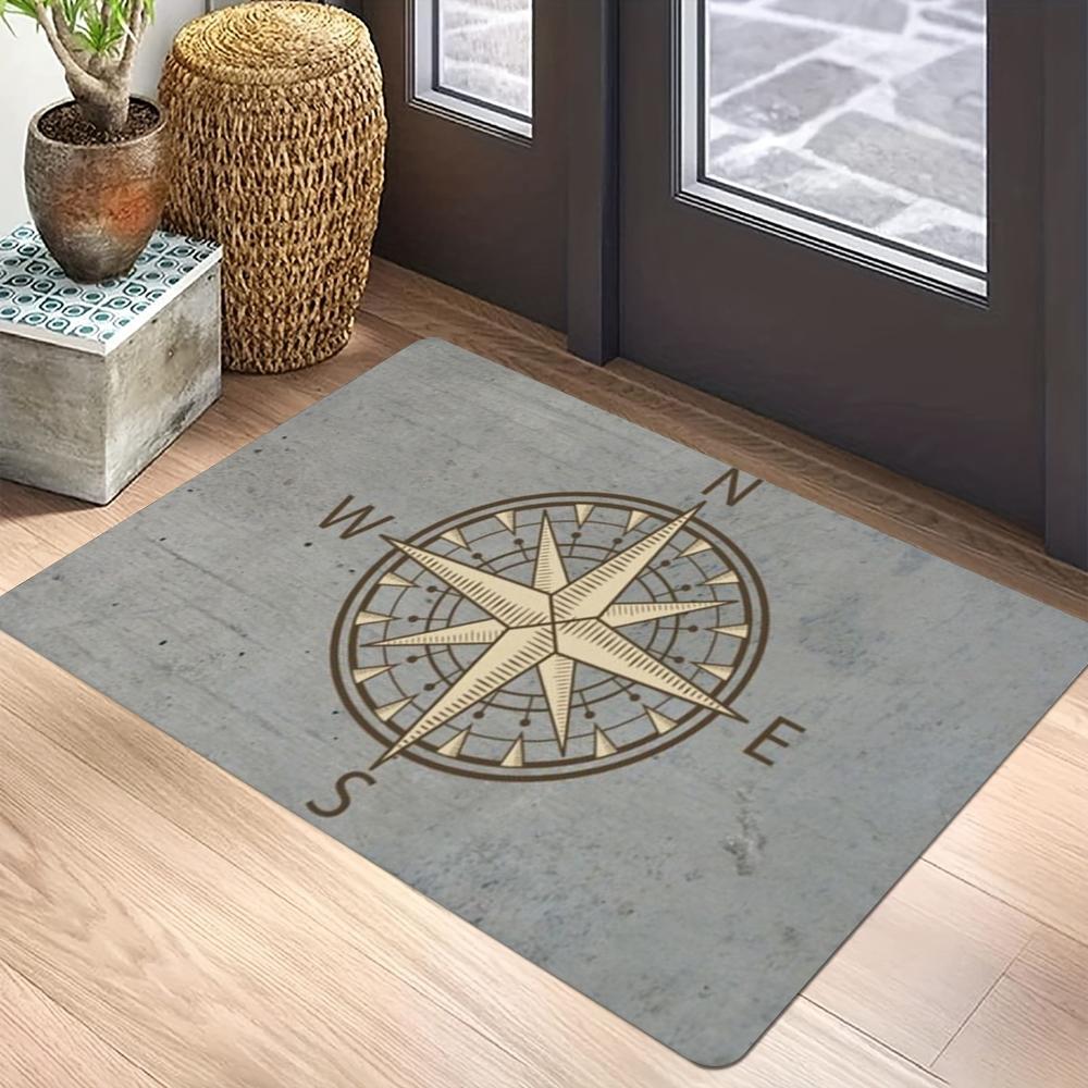 Nautical Vintage Theme Carpet Mat Rug Anchor Steering Wheel Compass Map Retro Hand-drawn Home Decoration Entryway Navy Blue
