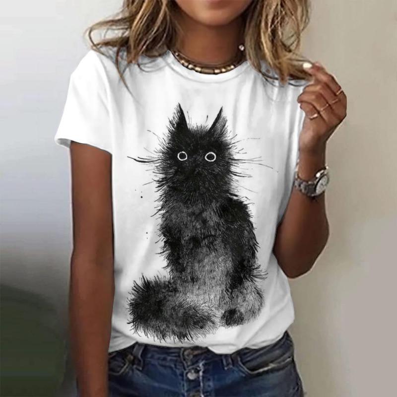 Summer Street Women's Casual T-Shirt Paired With 3d Printed Small Black Cat Pattern Top Casual Round Neck Short Sleeved T-Shirt