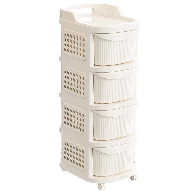 Compact Cream Baby Toy and Snack Storage Rack: Floor-Standing, Movable Cabinet for Baby Gear
