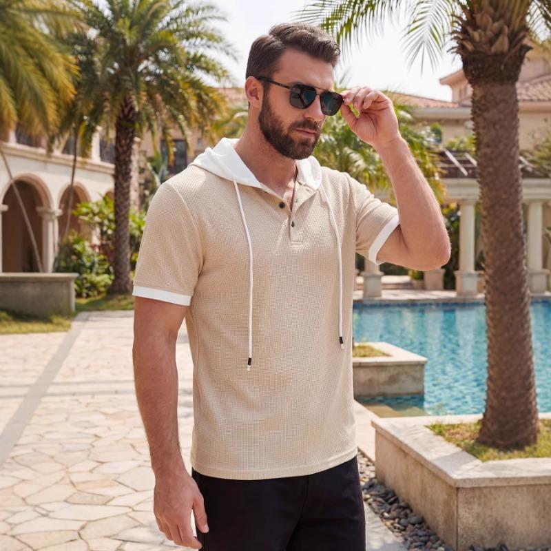 Mens Casual Waffle Knit Henley Hooded Short Sleeve T Shirt S хаки