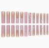 24Pcs Long Coffin Pink French Press On Nails, 3D Flower & Butterfly Rhinestone Decor Fake Nails for Women