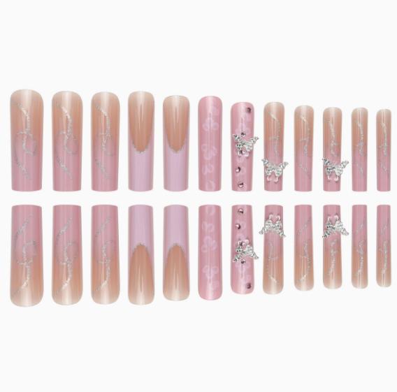 24Pcs Long Coffin Pink French Press On Nails, 3D Flower & Butterfly Rhinestone Decor Fake Nails for Women