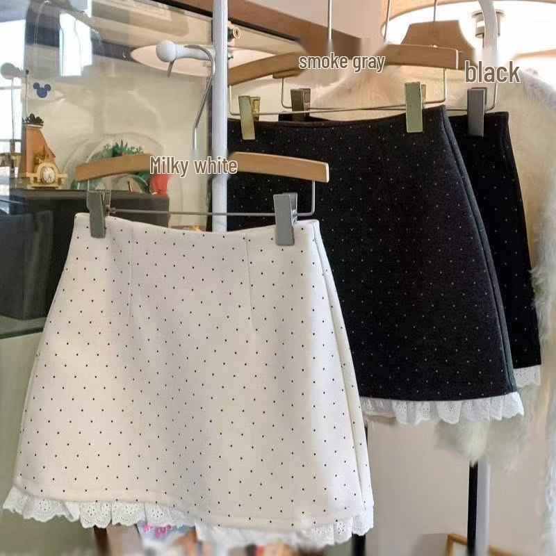 2025 Spring/Summer High-Waisted Polka Dot A-Line Bodycon Midi Skirt with Lace Patchwork & Sweet Style.