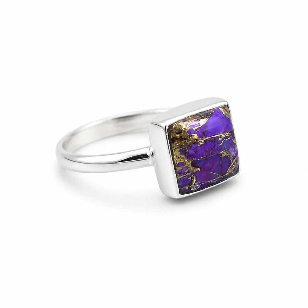Purple Copper Turquoise Ring, Sterling Silver Minimalist Ring, Square Gemstone Ring, Dainty Stacking Ring, Handmade Boho Jewelry