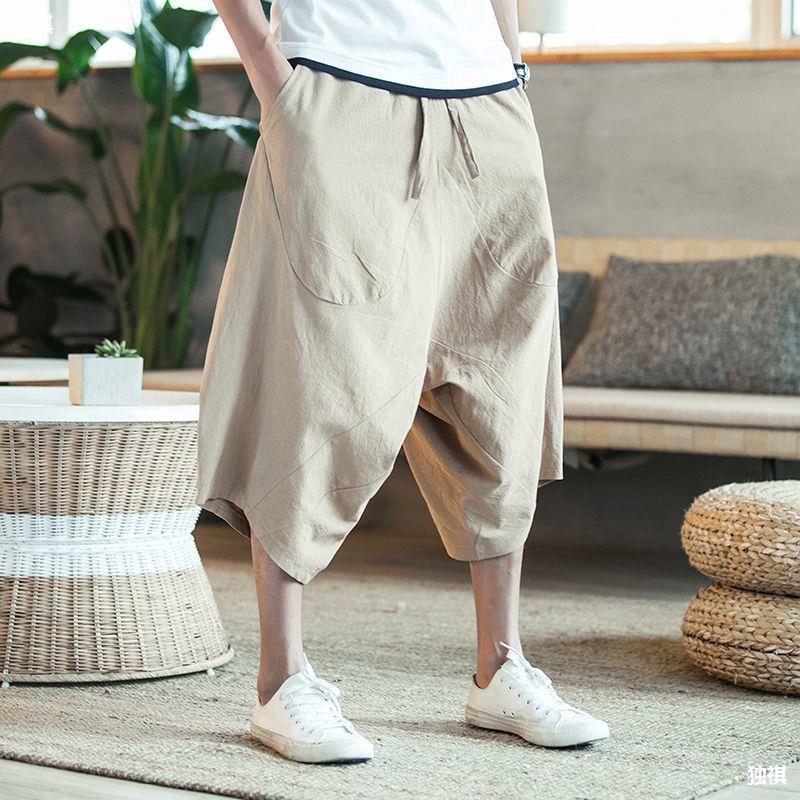 Men Harajuku Harem Pants Mens Summer Cotton Linen Joggers Pants Male Vintage Chinese Style Soild Color Calf-lenght Trousers