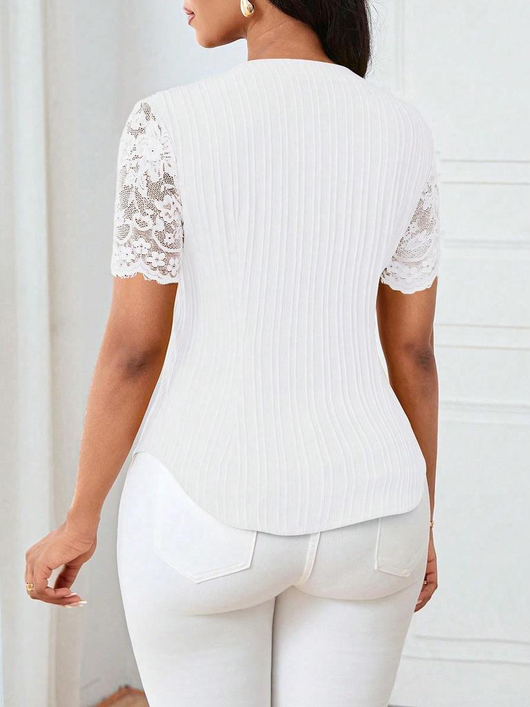 Women's Summer V-neck Embroidered Hollow Short-sleeve Shirt